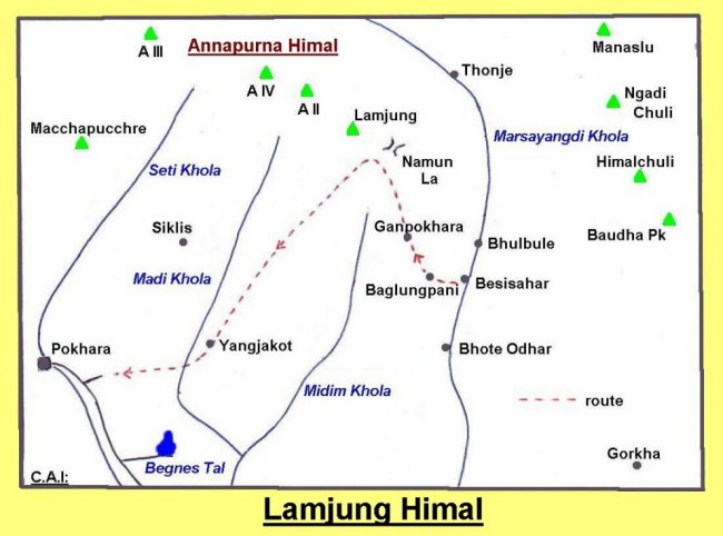 Trekking Route Map for the Lamjung Himal Region