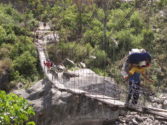 Suspension Bridge in Marsayangdi Khola Valley on Annapurna Circuit