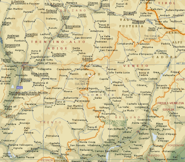 Location Map for Marmolada in the Italian Dolomites