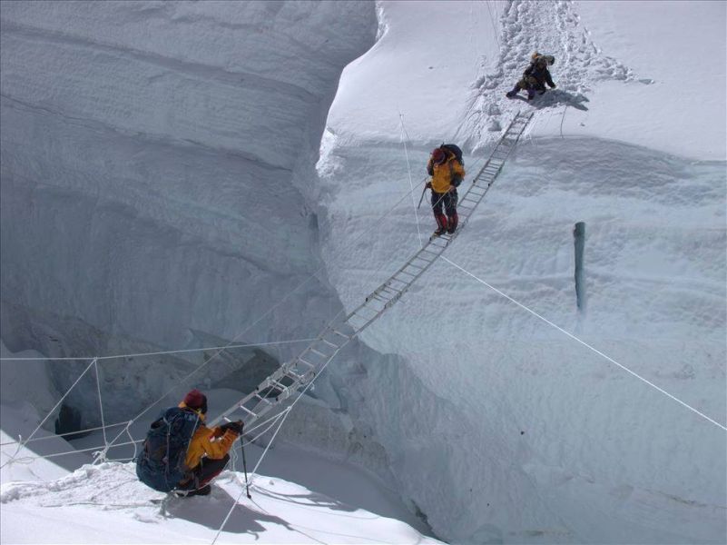 Crossing crevasse in the Khumbu Ice Fall on the South Col Route for Mount Everest