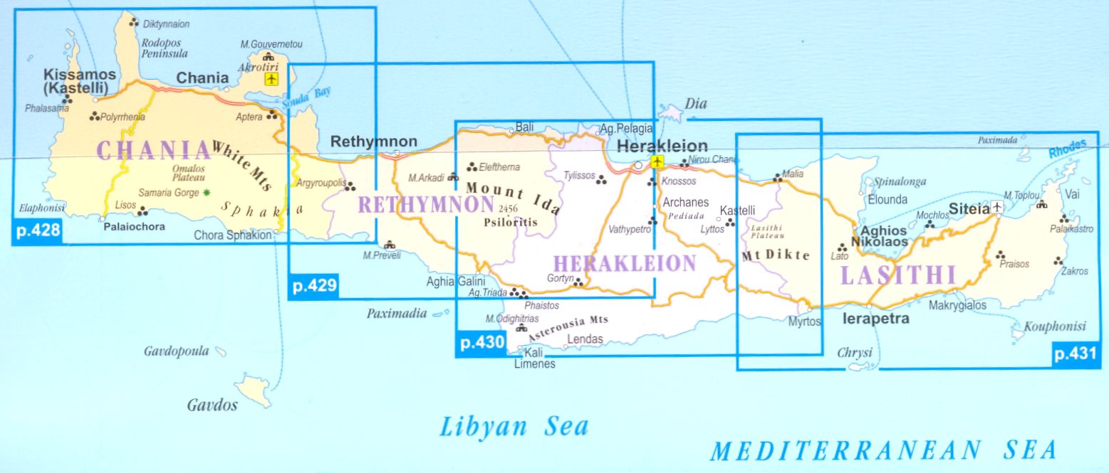 Travel Map of Crete showing cities and places of interest for tourism