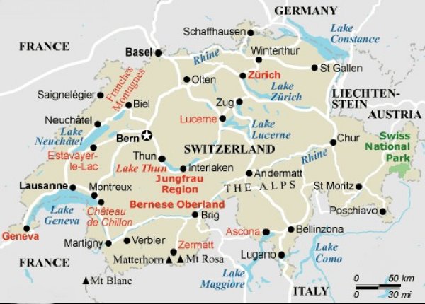 Maps of Switzerland, the Alps and the capital city Berne