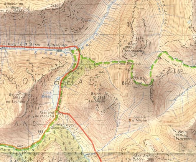 Map of Beinn Charronach, Beinn Ime and Beinn Luibhean