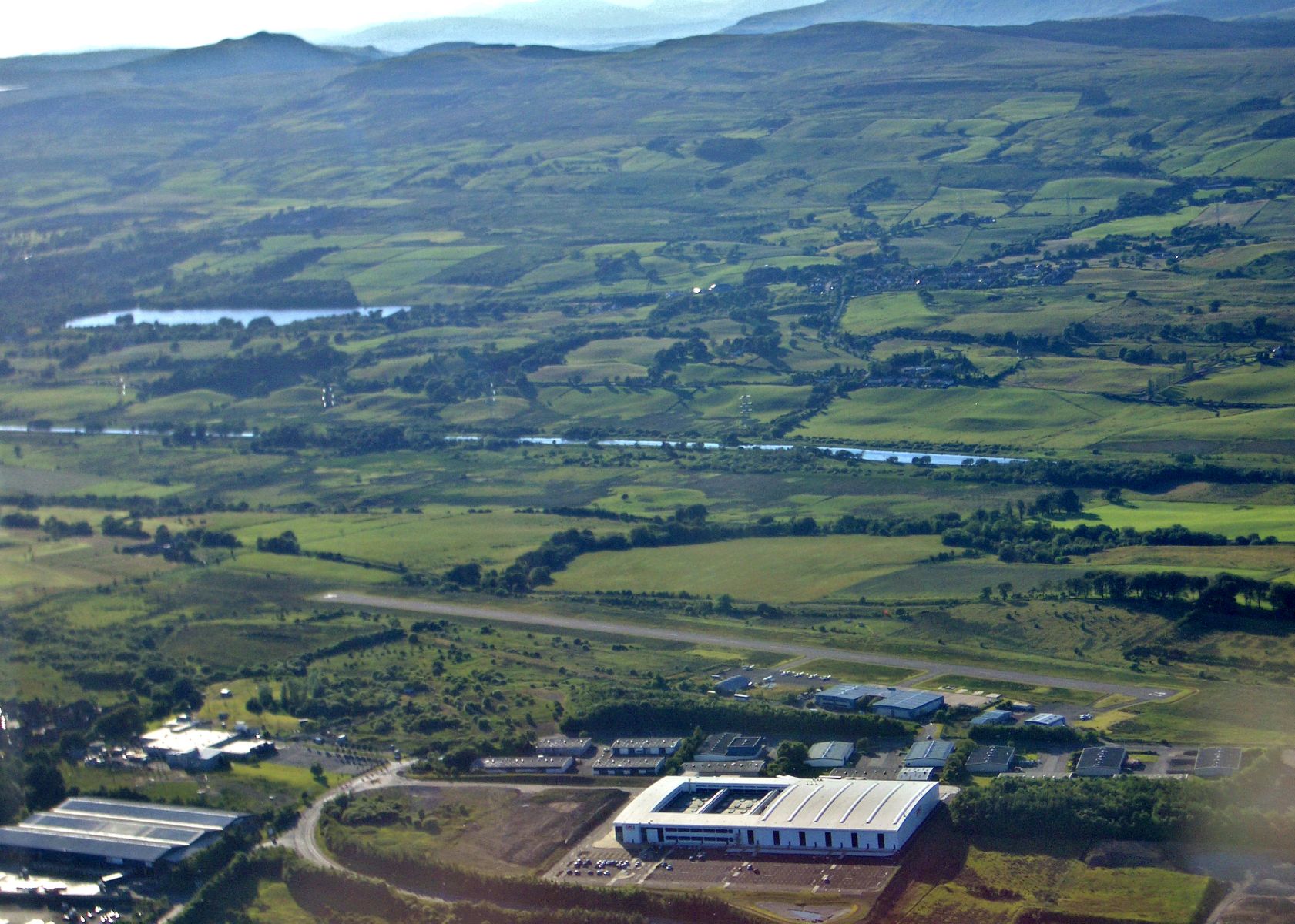 Aerial view of airport at Cumbernauld, Forth & Clyde Canal and route of the Antonine Wall