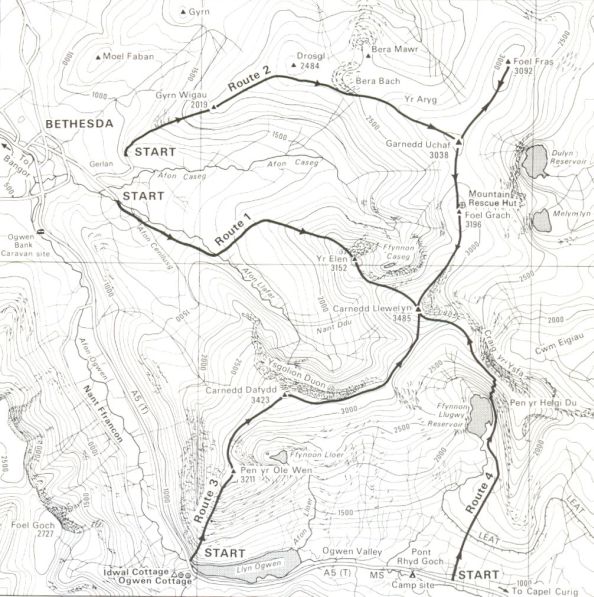 Map of ascent routes on the Carneddau